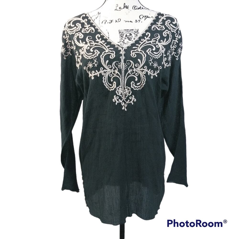 Lucky Brand Black Embroidered Cotton Gauze Fabric Top XS